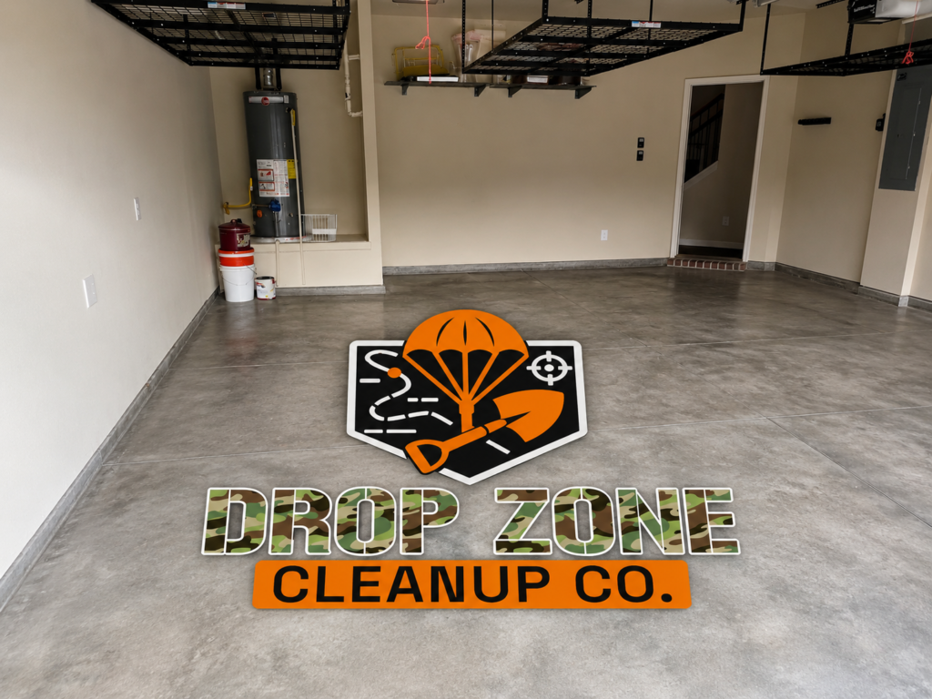 Cleaned-out residential garage after junk removal and cleanup service by Drop Zone Cleanup Co. in Northeast Georgia.