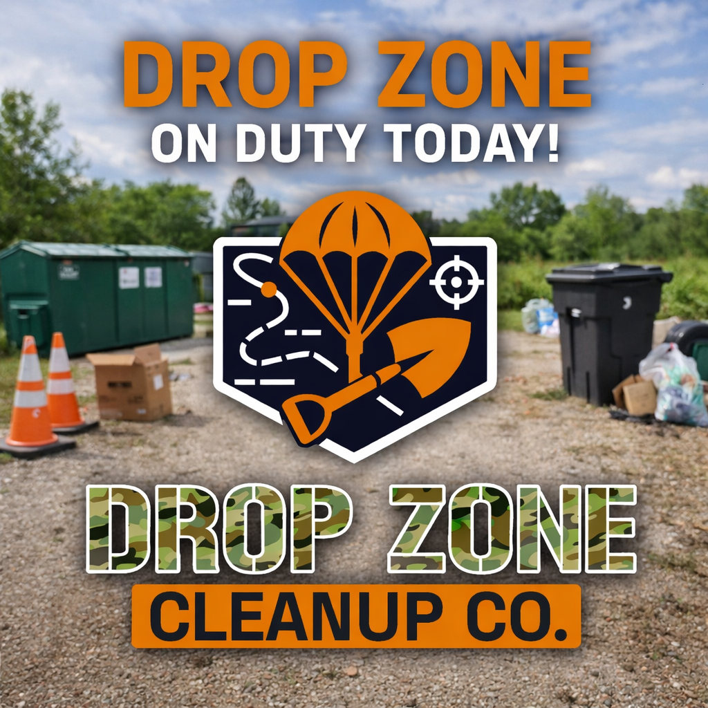 Drop Zone Cleanup Co. promotional graphic for junk removal and cleanup services in Northeast Georgia featuring branded logo and cleanup containers on-site.